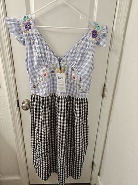 Tach Ilena Cloque Blue Gingham Embroidered V‑Neck Dress